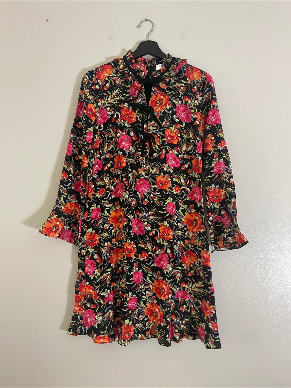 Sandro Black Floral Long-Sleeve Tie-Neck Dress